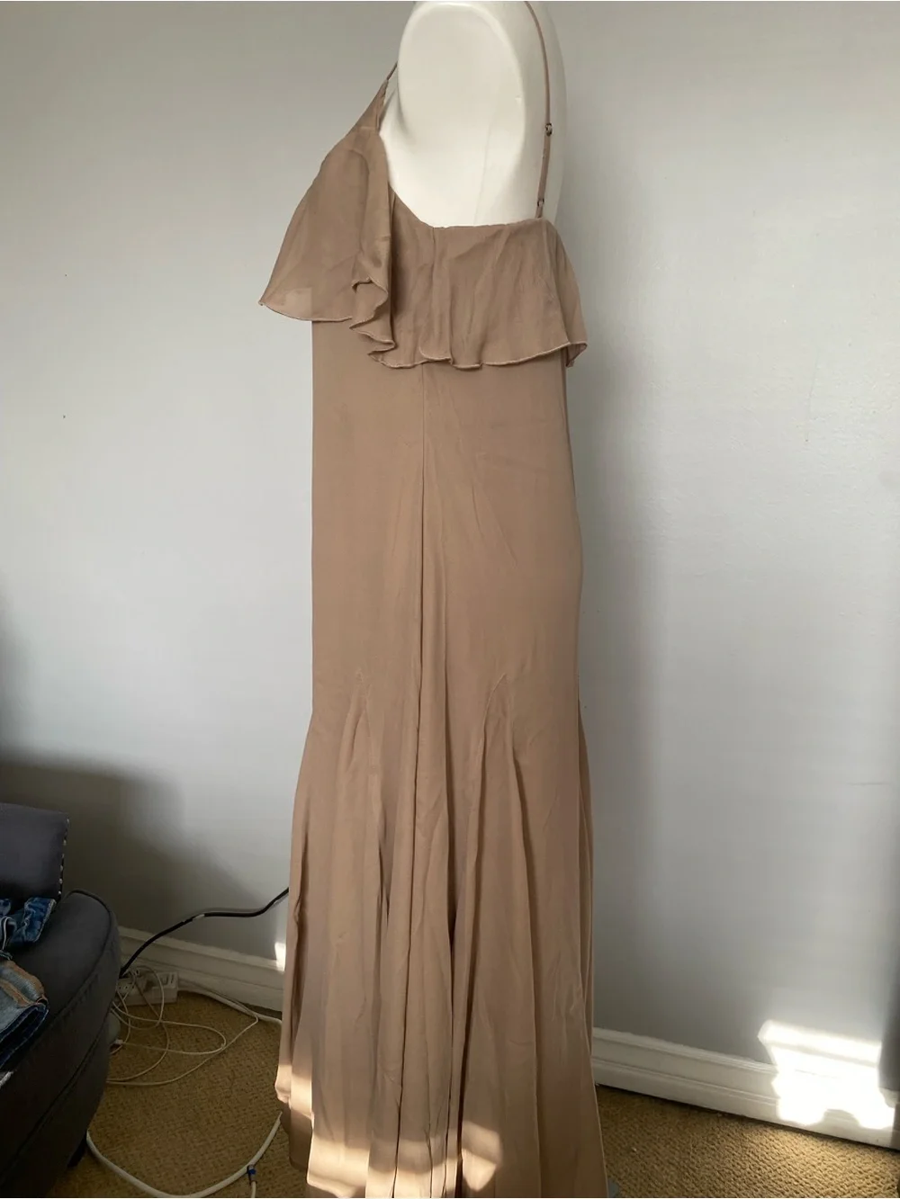 Abercrombie & Fitch Taupe Ruffle-Front Spaghetti Strap Maxi Dress